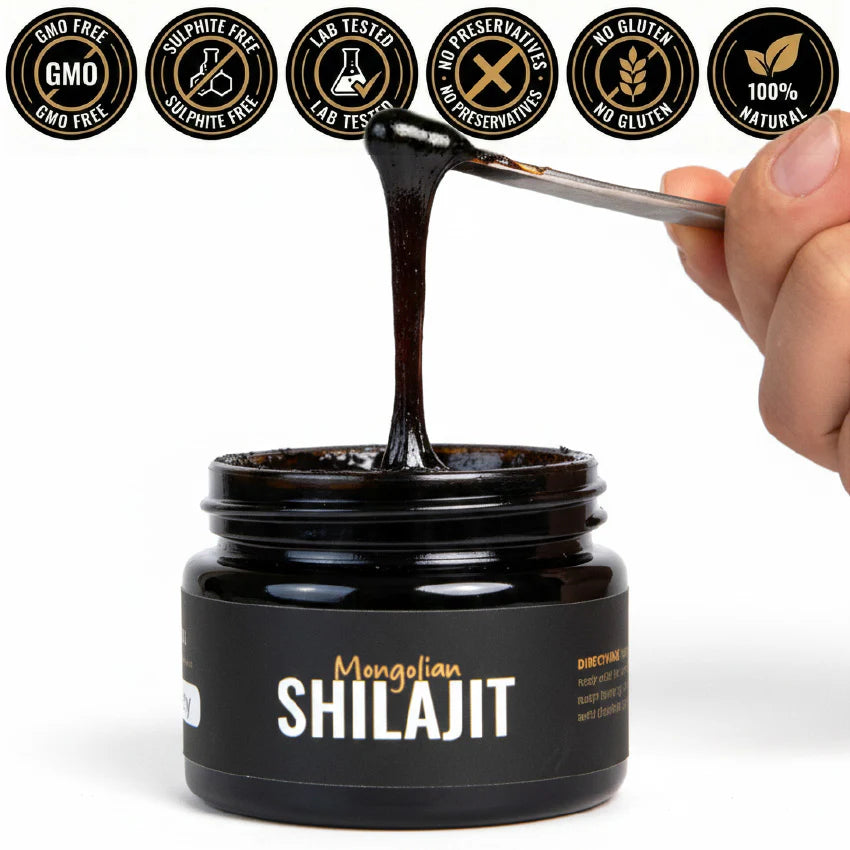 Mongolian Shilajit jar with a spoon lifting some of the product, surrounded by certification logos.