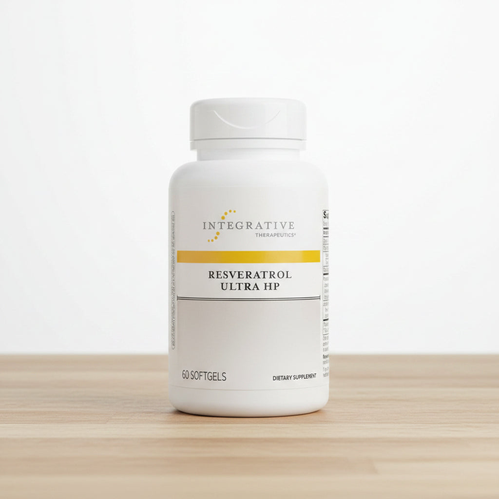 Supplement bottle labeled 'Resveratrol Ultra HP' by Integrative Therapeutics on a white background