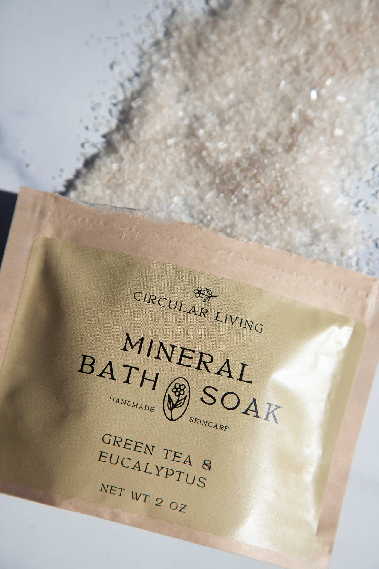 Mineral bath soak packet with 'Circular Living' branding on a white background