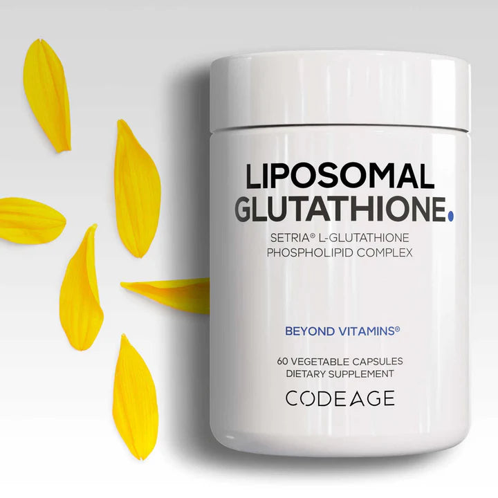 Supplement container labeled 'Liposomal Glutathione' by Codeage on a light gray background with yellow leaves.