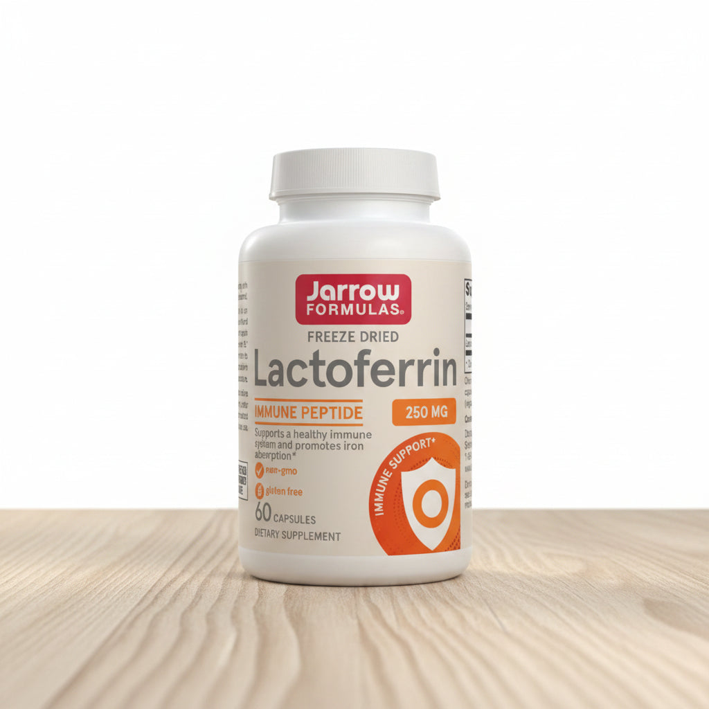A white plastic bottle of Jarrow Formulas Freeze Dried Lactoferrin dietary supplement, 250 mg, 60 capsules, on a plain white background.