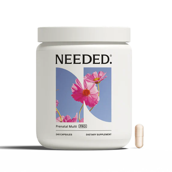 Supplement container labeled 'NEEDED' with a floral design on a white background