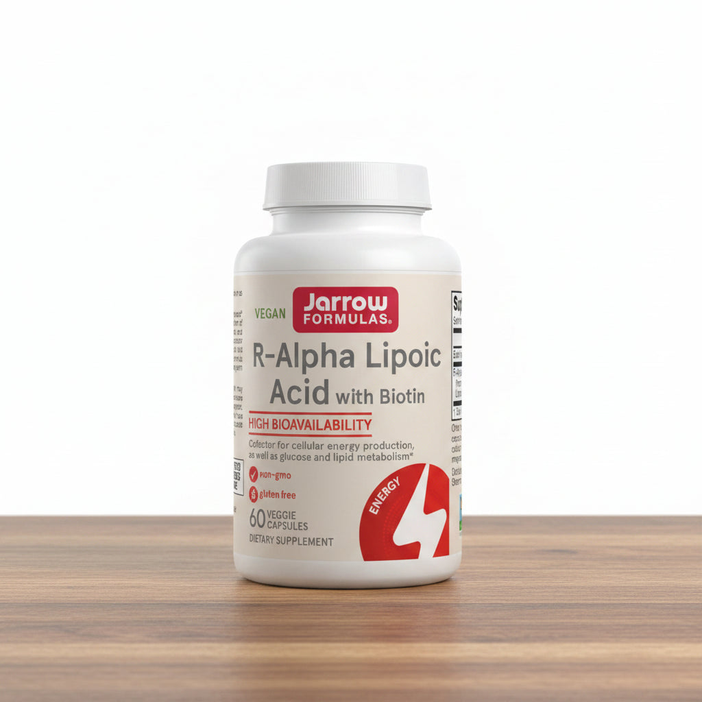 Jarrow Formulas R-Alpha Lipoic Acid with Biotin supplement bottle on a white background