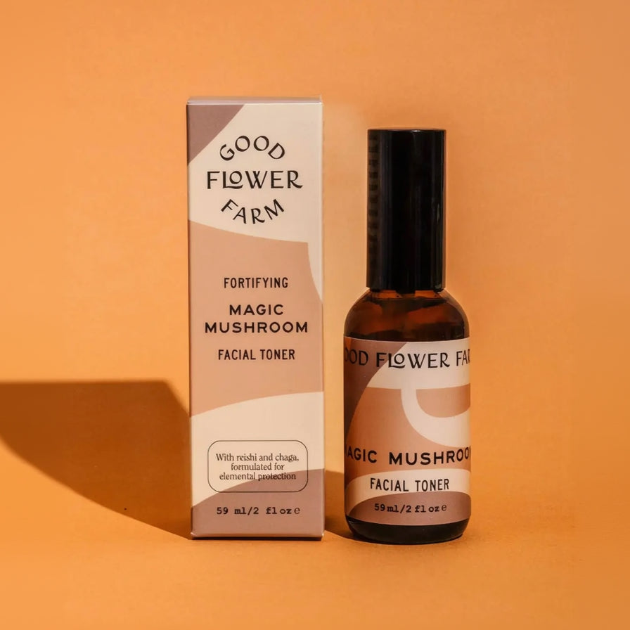 Good Flower Farm Magic Mushroom Facial Toner bottle and packaging on an orange background