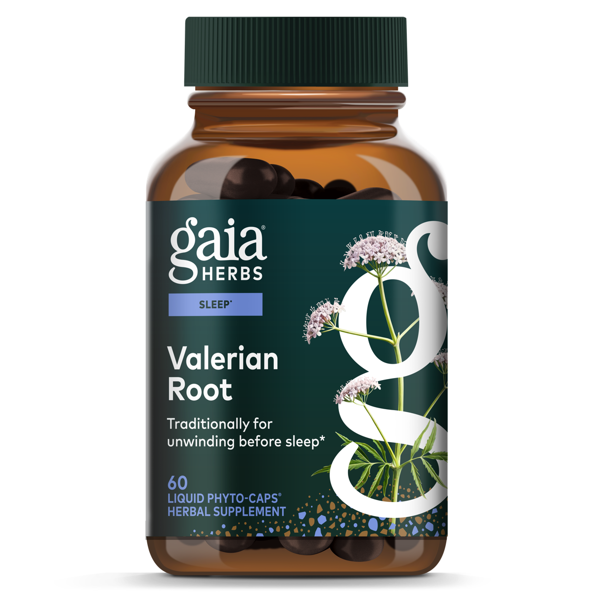 Gaia Herbs Valerian Root supplement bottle on a white background