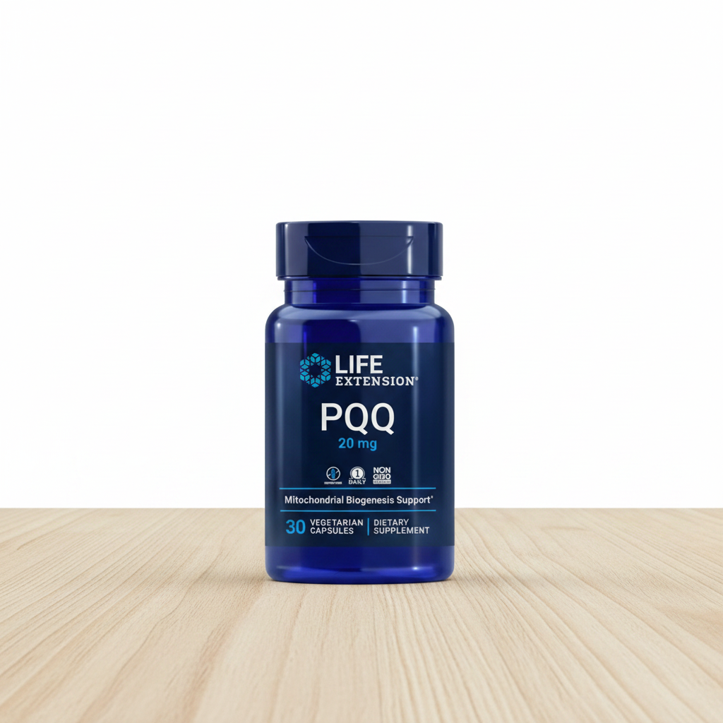 A bottle of Life Extension PQQ (Pyrroloquinoline Quinone) dietary supplement with 20 mg per capsule, containing 30 capsules.
