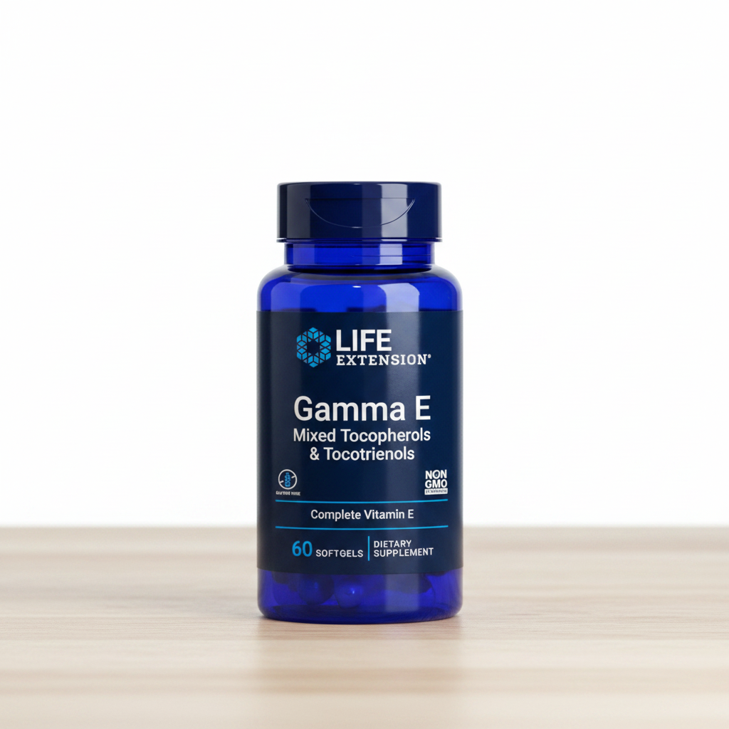 A blue bottle of Life Extension Gamma E dietary supplement containing 60 softgels, shown against a plain white background.