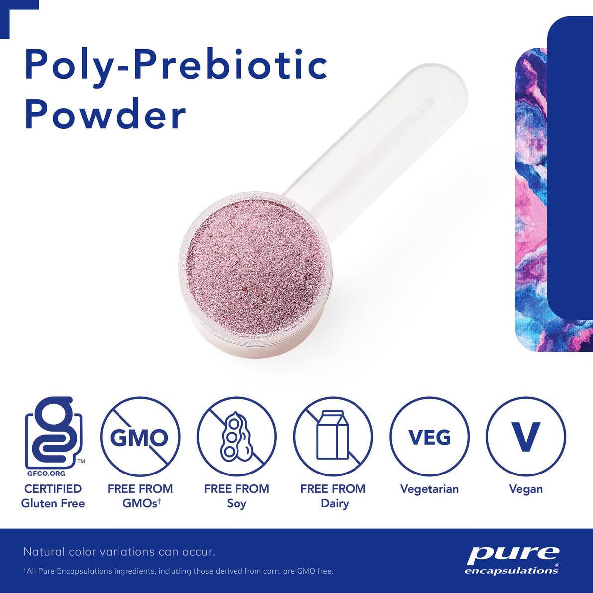 Poly-Prebiotic Powder in a scoop with certification icons and 'pure encapsulations' branding.