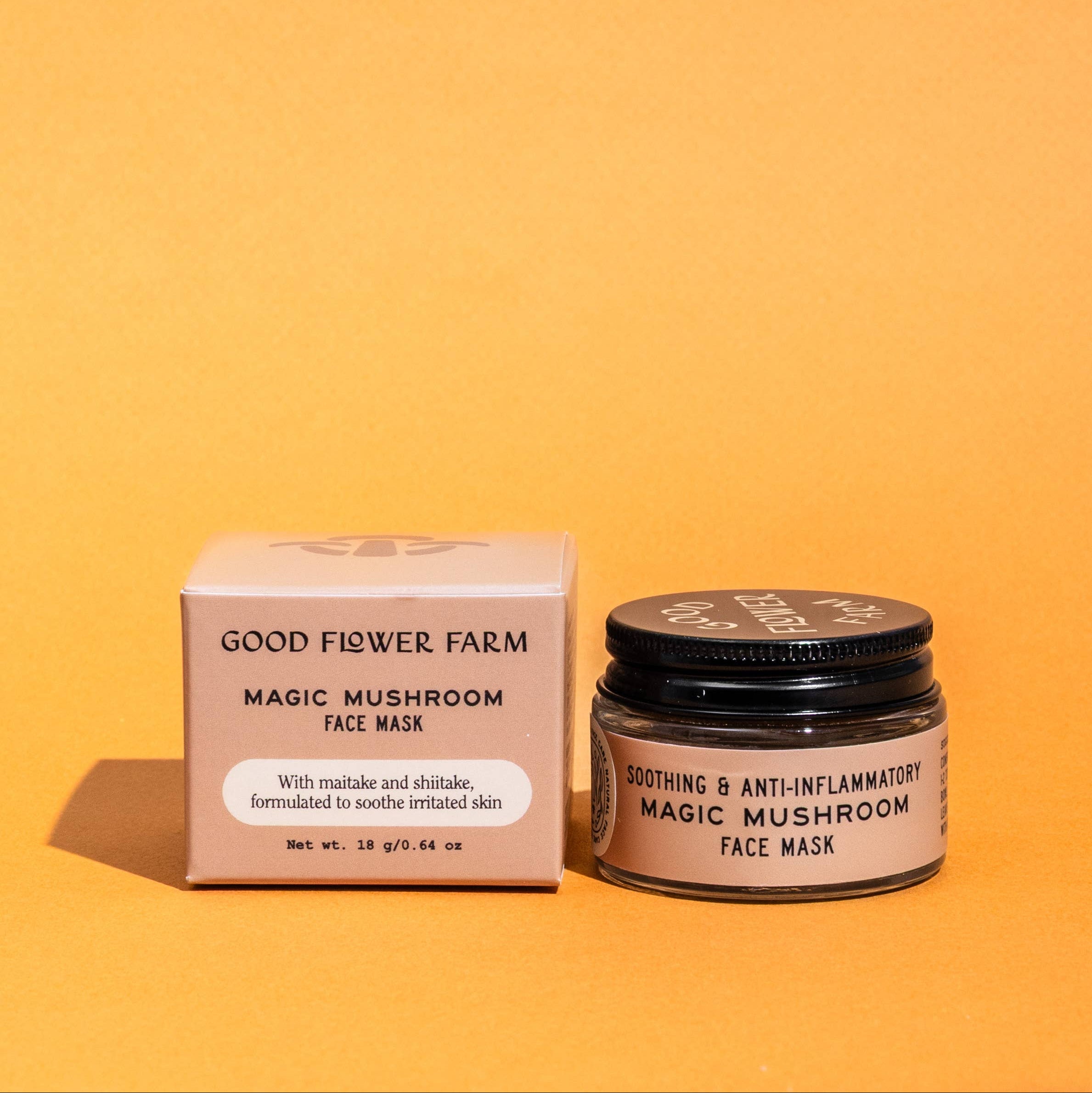 Good Flower Farm Magic Mushroom Face Mask packaging on an orange background