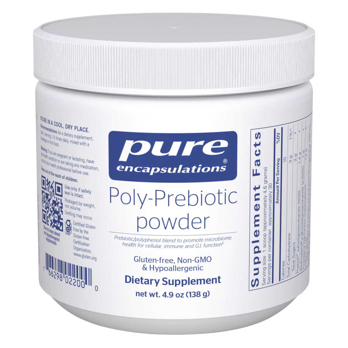 Container of pure encapsulations Poly-Prebiotic powder on a white background