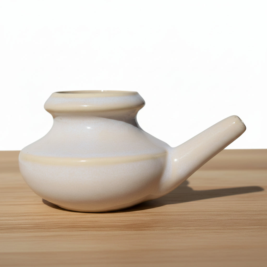 Beige ceramic neti pot on a white background