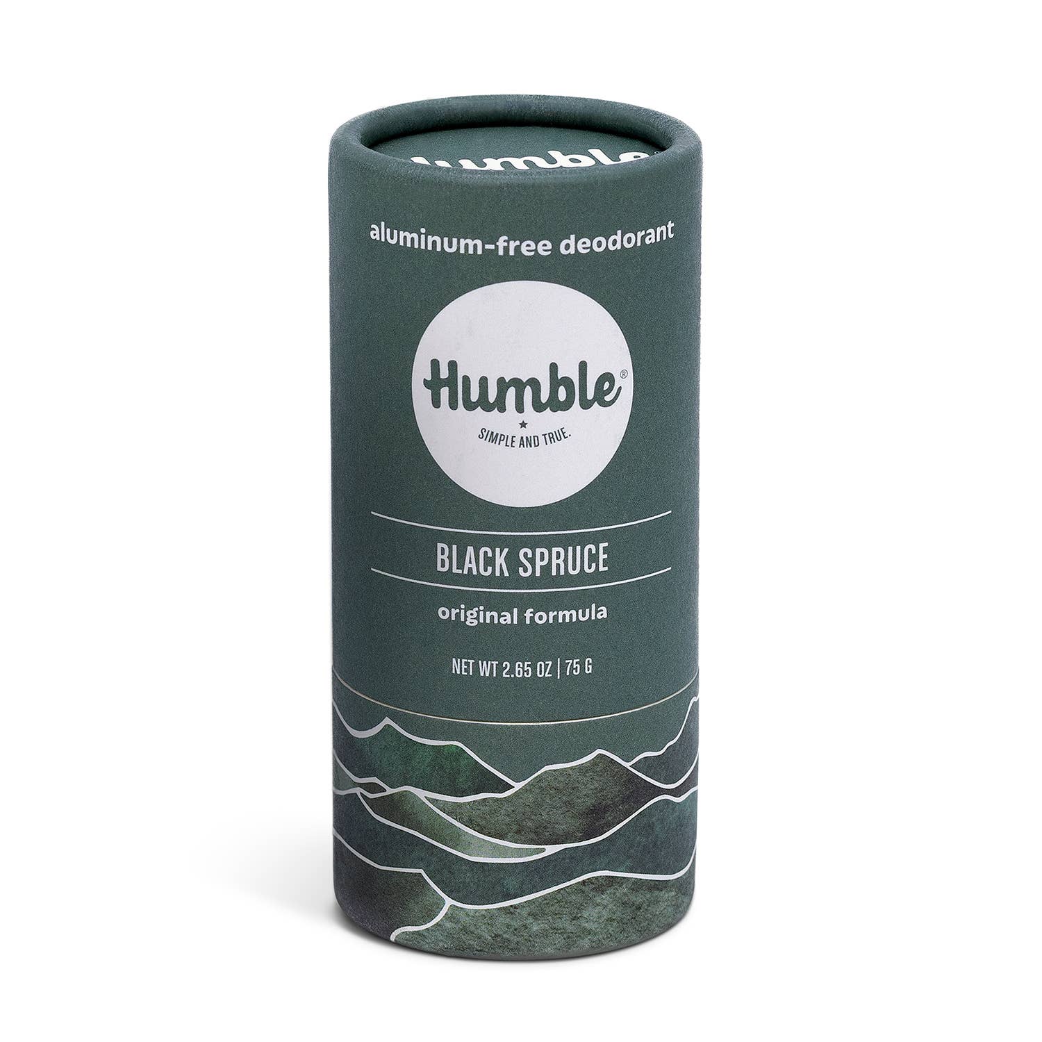 Humble deodorant container with 'Black Spruce' flavor on a white background