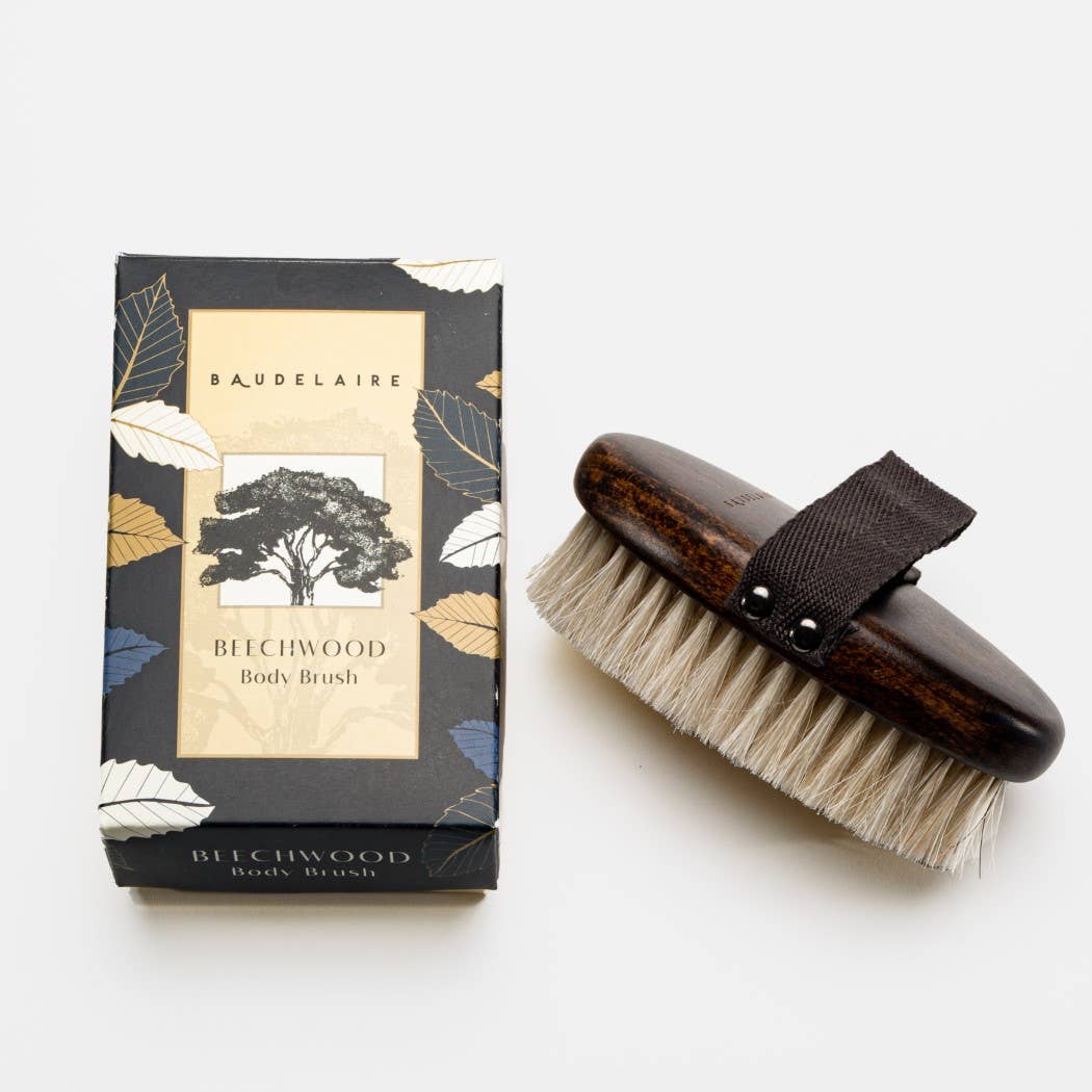 Baudelaire bleachwood body brush with packaging on a white background
