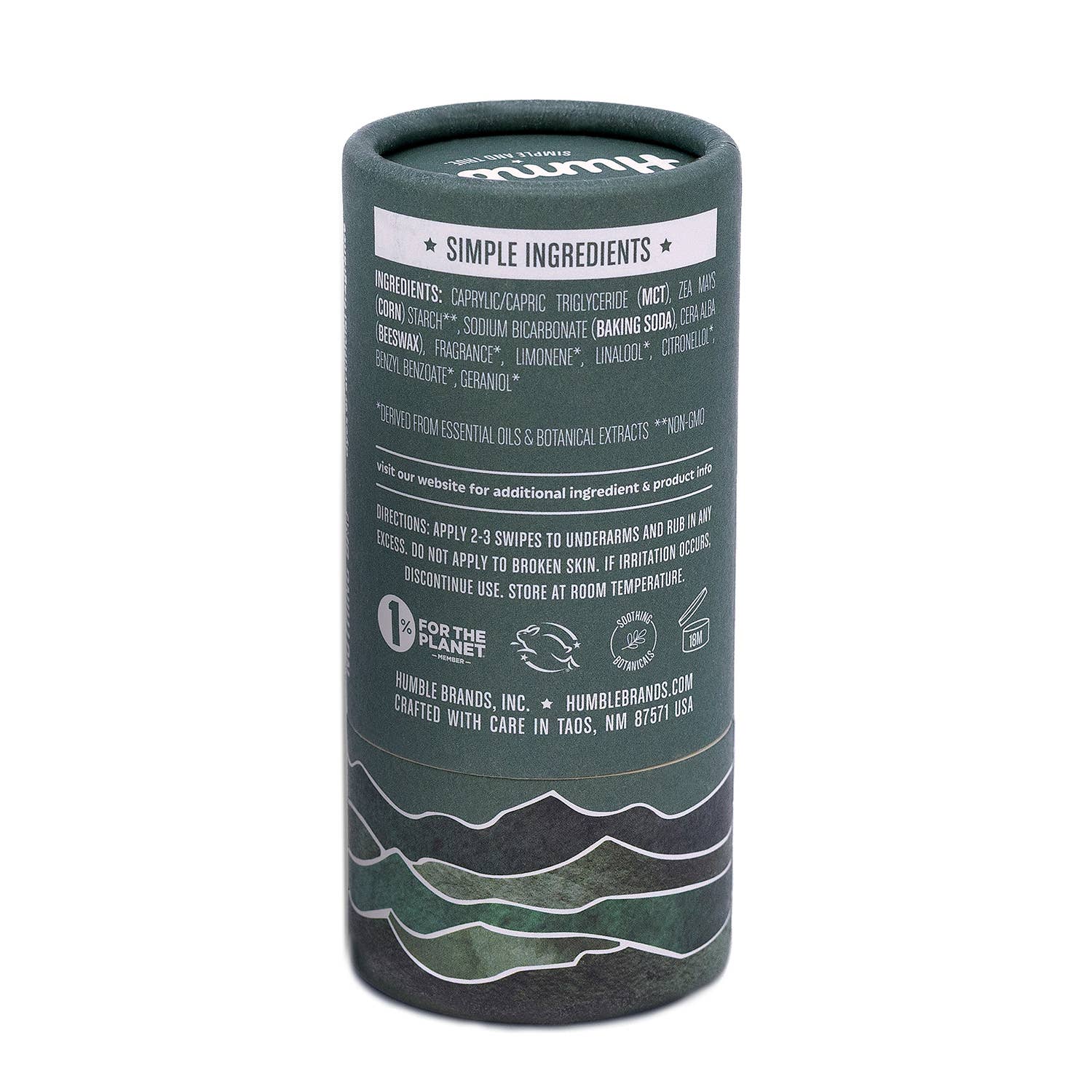 Green cylindrical container with text and branding on a white background