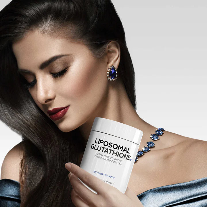 Woman holding a container of LIPOSOMAL GLUTATHIONE with a neutral background