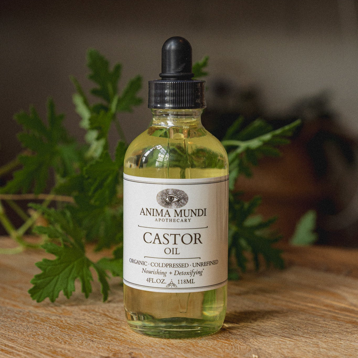 Bottle of Anima Mundi Castor Oil with a dropper on a wooden surface with green leaves.