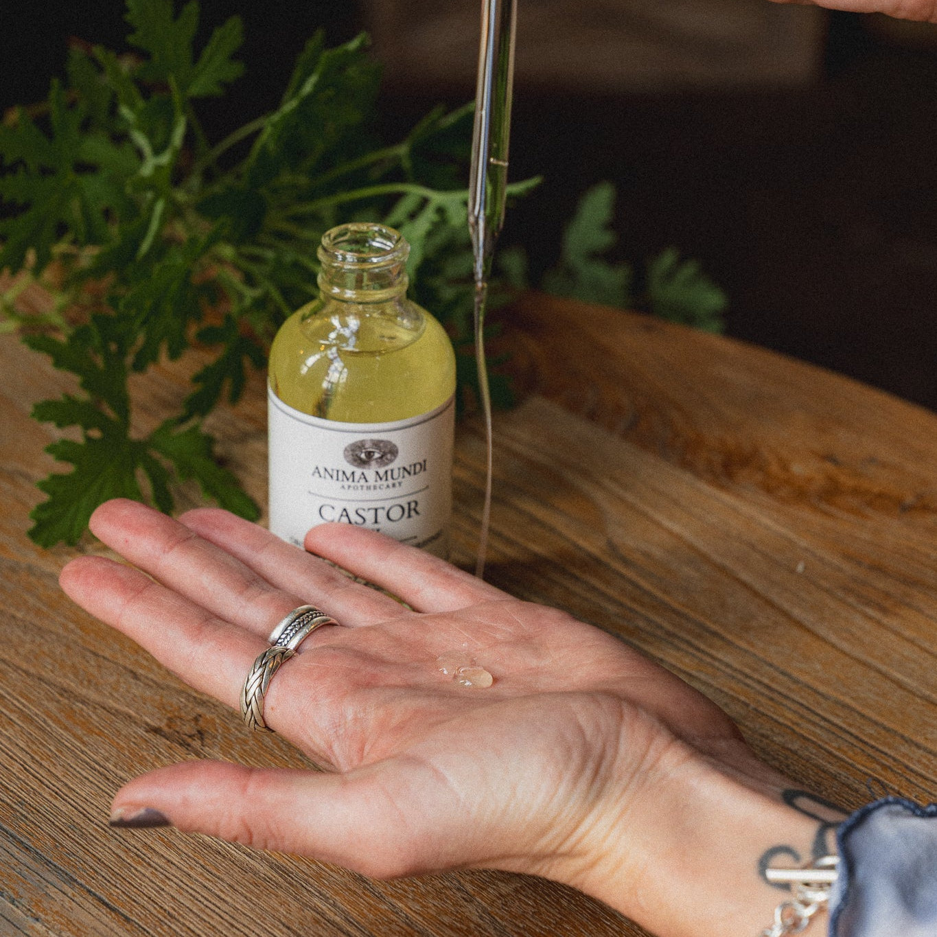 Person using a dropper to apply oil from a bottle labeled 'Sasha Mendes' onto their palm.