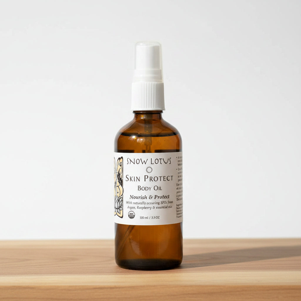 Snow Lotus Skin Protect Body Oil bottle on a white background