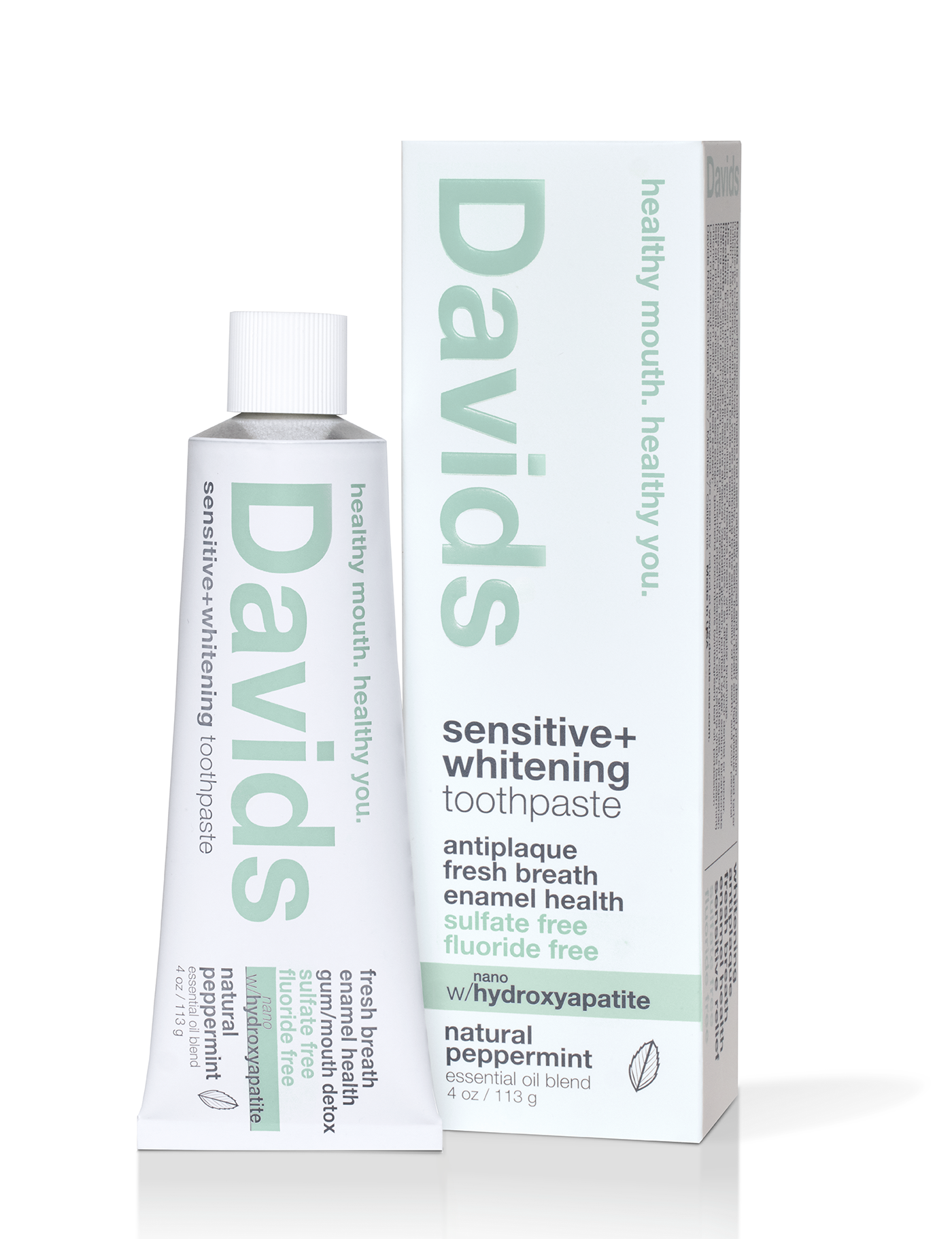 Davids sensitive+ whitening toothpaste tube and packaging on a white background