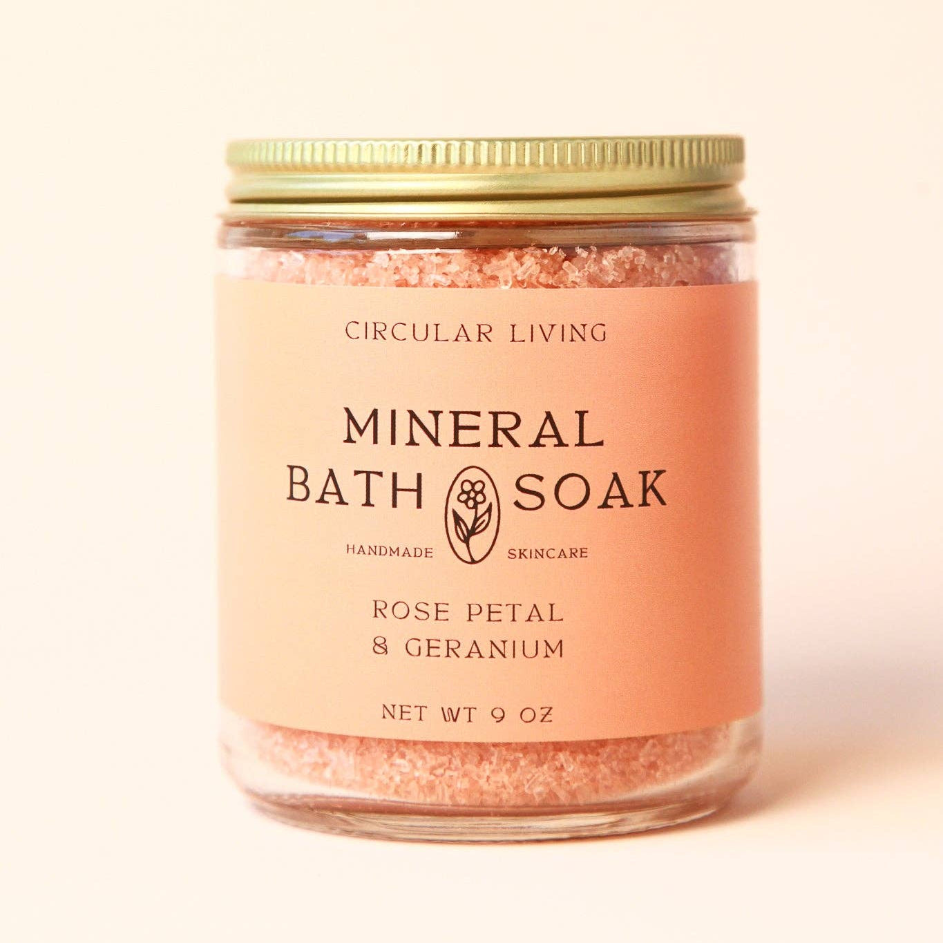 Jar of Mineral Bath Soak with 'Circular Living' branding on a beige background