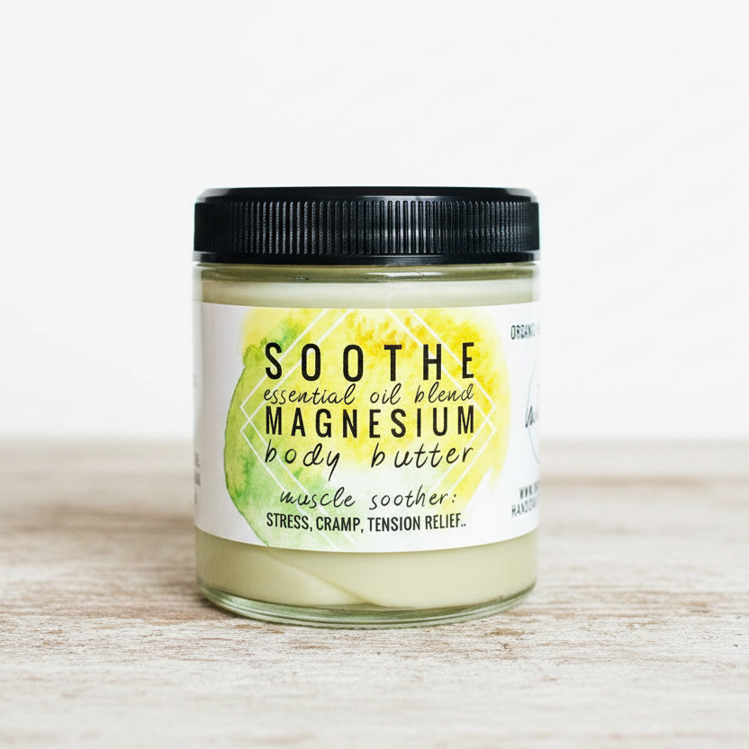 This image features a jar of "Soothe Magnesium Body Butter," designed for relieving sore muscles and tension. The jar, which contains the pale yellow body butter, sits inside a larger transparent container, highlighting its organic and ethical ingredients.